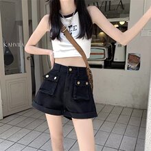 韩版复古百搭高腰阔腿牛仔短裤女2025春夏季工装口袋宽松显瘦短裤