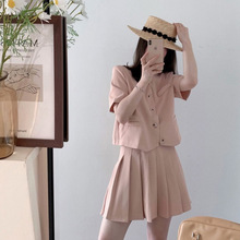 休闲西装套装女夏季新款短袖外套百褶裙两件套可盐可甜盐系炸街潮