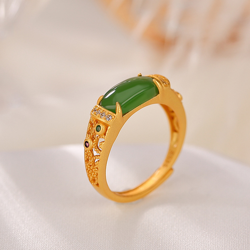 Nhẫn bạc S925 mạ vàng đính đá Hetian jasper rỗng cá tính — Kiểu mạ bạch kim, Kiểu mạ vàng