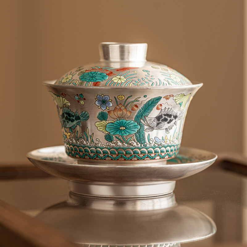 鱼藻纹999鎏银三才盖碗单个高档家用中式功夫茶具防烫泡茶碗带盖