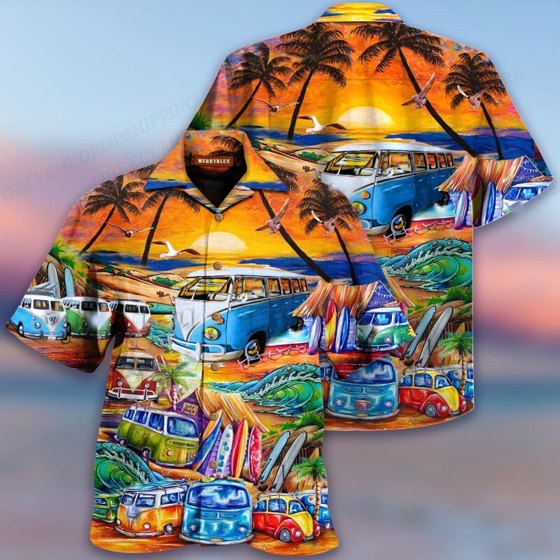 Men's Shirt Holiday Bus 3D Printed Men's Fashion Shirt Single-Breasted Short-Sleeve Hawaiian Beach Dart Shirt