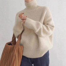 欧美跨境秋冬加厚高领女宽松百搭针织套头毛衣慵懒风打底衫外穿女