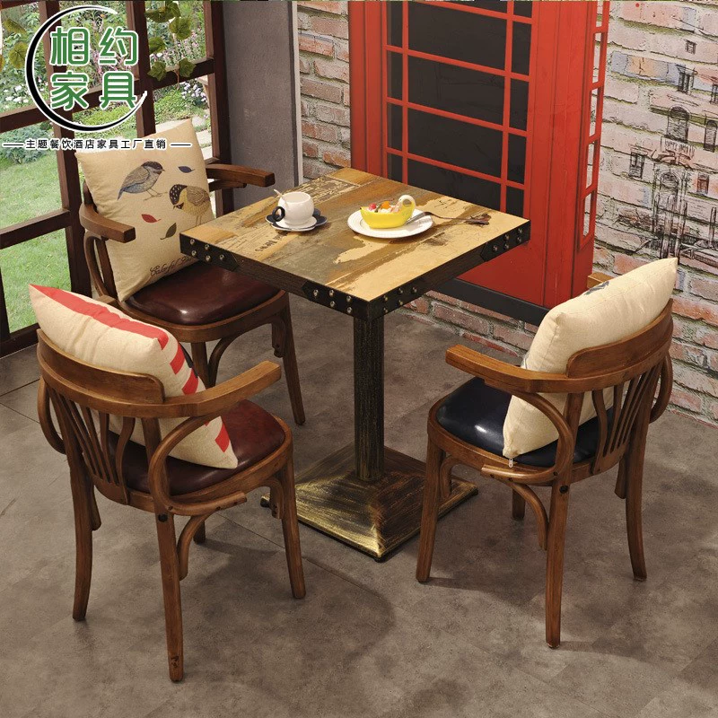 Американская ретро-мебель, полный обеденный стол, креативное железное искусство, кафе M, магазин молочного чая, ресторан в западном стиле, комбинация стола и стула из цельного дерева