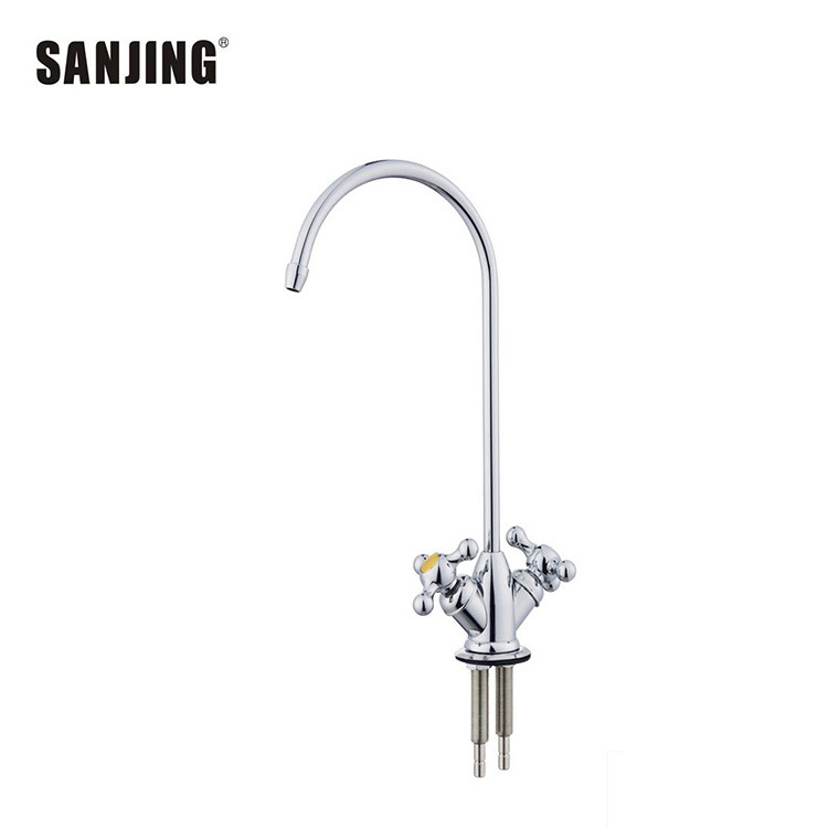 2 puntos conexión rápida grifo de salida doble aleación tres tenedor grifo de agua potable directa purificación de agua pura grifo de cuello de cisne curvo grande