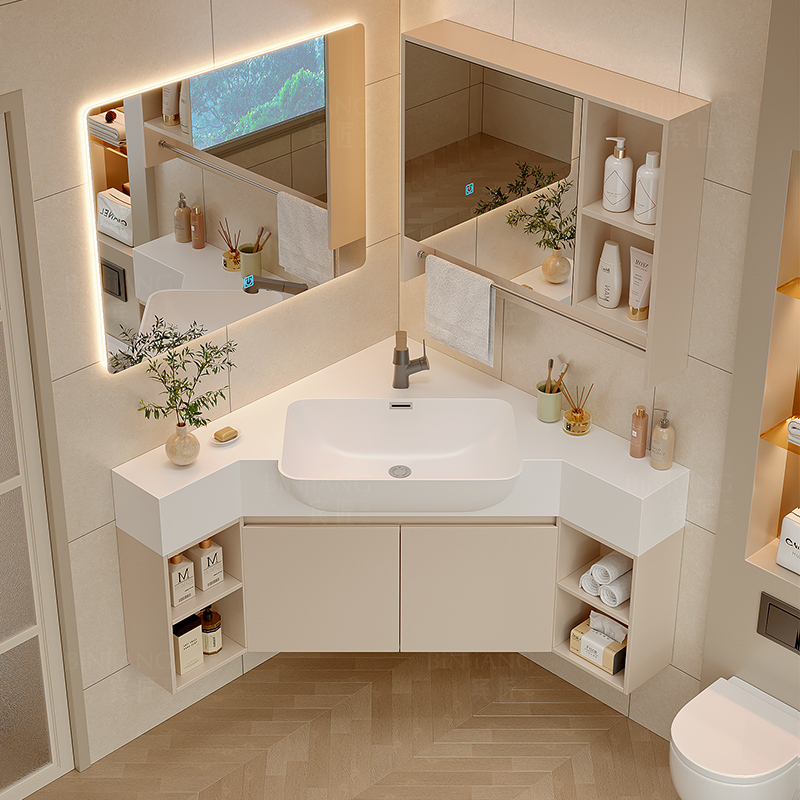 Bangjia Corner Bathroom Cabinet, Stylish Small Apartment Corner Washbasin, Washstand, Airplane Basin, Triangular Bathroom Cabinet Set