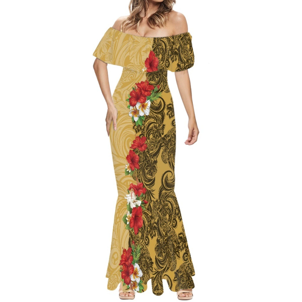Популярное желтое платье с цветочным принтом в полинезийском стиле, дизайн с одним плечом, доставка напрямую
