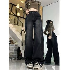 街头潮流高腰直筒阔腿牛仔裤女春秋季新款宽松显瘦拖地牛仔裤潮