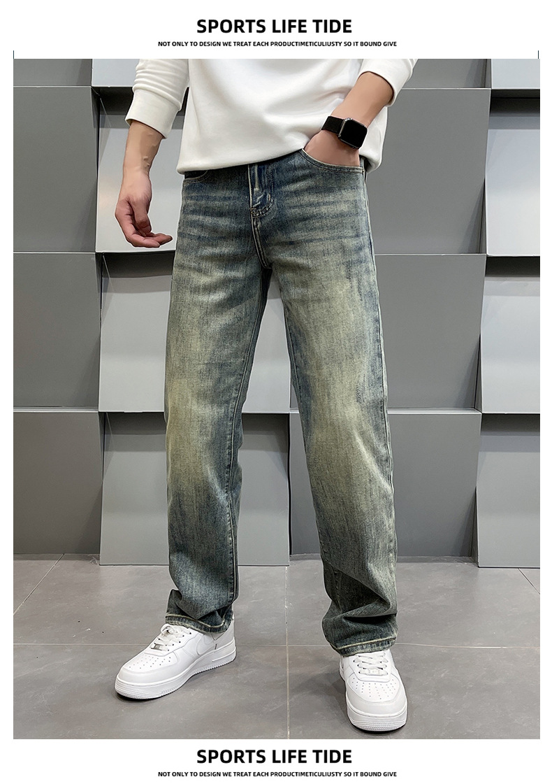 Men's Clothing Spring Retro High-End Printed Blue Jeans Loose Fit Straight Leg Casual Pants For Men_mkmklike.com