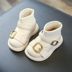 Baby girl princess socks shoes new autumn and winter fly knitted small leather boots British style children's toddler trendy boots soft soles