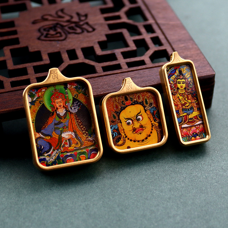 티타늄 스틸 스퀘어 THANGKA 상자 빈 상자 손 그림 부처님 동상 쉘 크로스 VAJRA PESTLE 티베트어 작은 THANGKA 펜던트 상자