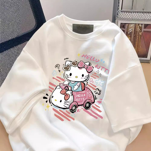 200g Cute Kitty Cat Print Cotton Short Sleeve T-Shirt for Women - Summer Korean Style Loose Unique and Distinctive Body