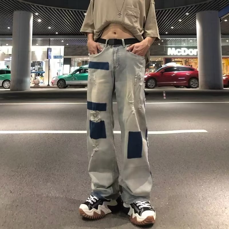 China-Chic Hip Hop High Street Used Wash Wide Leg Straight Tube Loose Herren Jeans Trendy oder Hose Hübscher Patch_voghion.com
