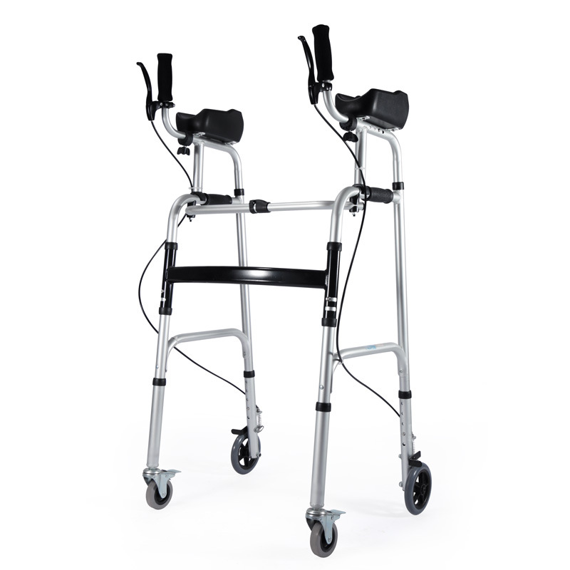 andador con rueda y asiento, aleación de aluminio para discapacitados, muletas de cuatro patas, andador auxiliar de rehabilitación con brazo, andador de arrastramiento