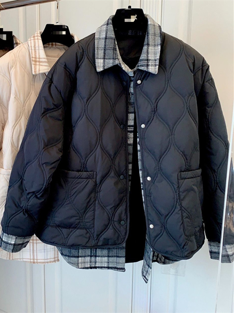 品牌折扣剪标外贸春秋格子拼接衬衫女长袖假两件羽绒服外套上衣潮