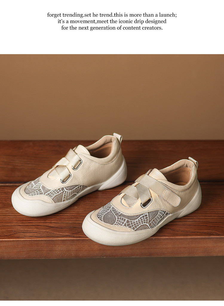 Giày sneaker nữ phối màu da thật lỗ thoáng khí đế bệt buộc dây kết hợp miếng dán — màu trắng ngà chi tiết 13