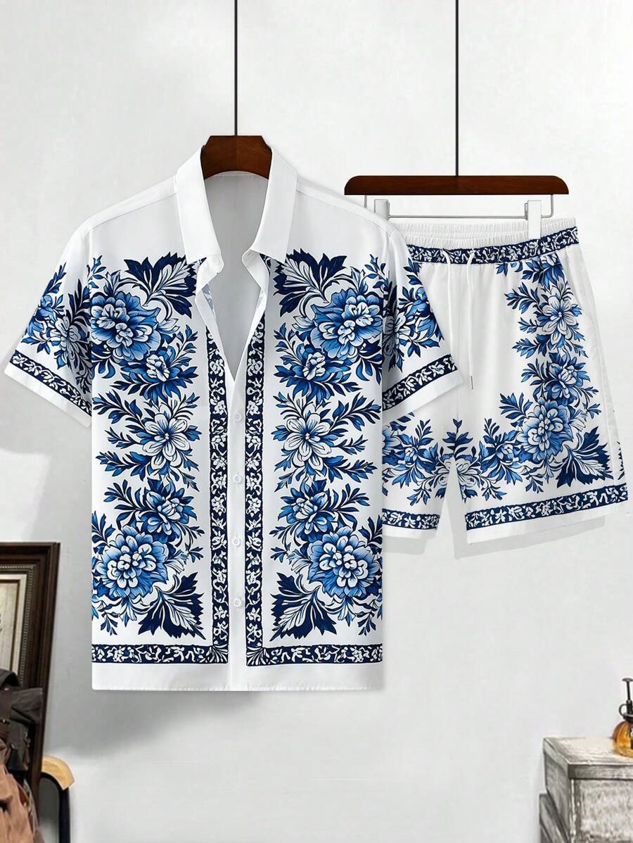 Patrón de flores retro Impresión digital 3D Comercio exterior Xiyin Summer Hawaii Vacaciones Camisa Shorts Conjunto 2 piezas