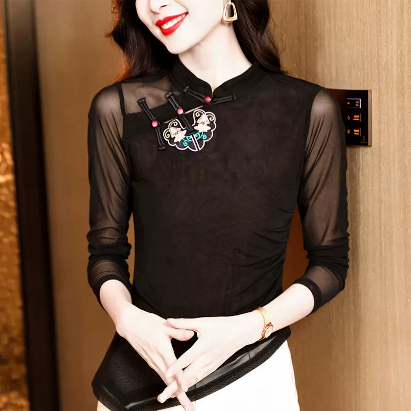 Женская асимметричная сетчатая рубашка в ретро-китайском стиле, ранняя осень 2025, новая тонкая футболка с длинными рукавами, утягивающий топ