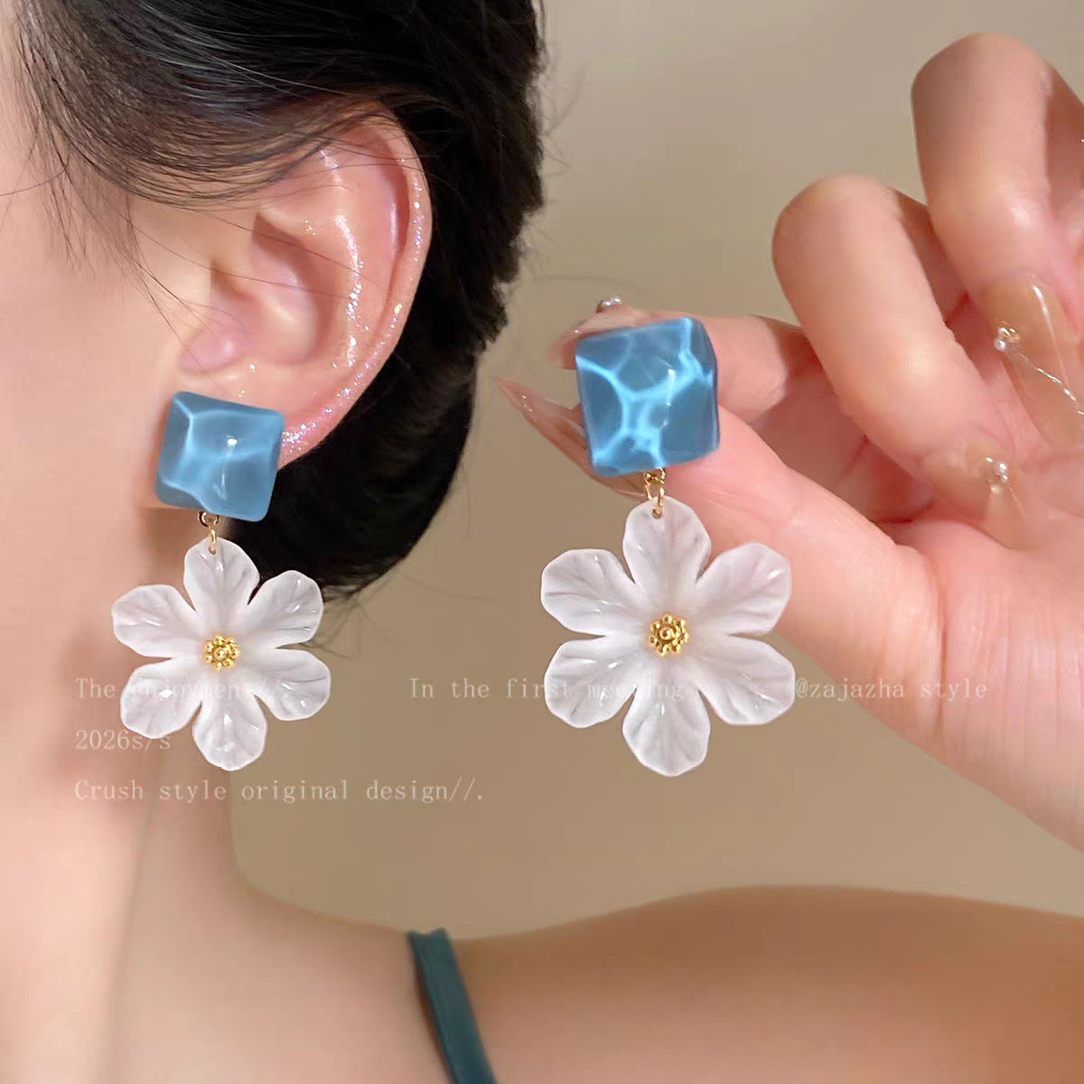 Blue earrings, wave pattern, flowered