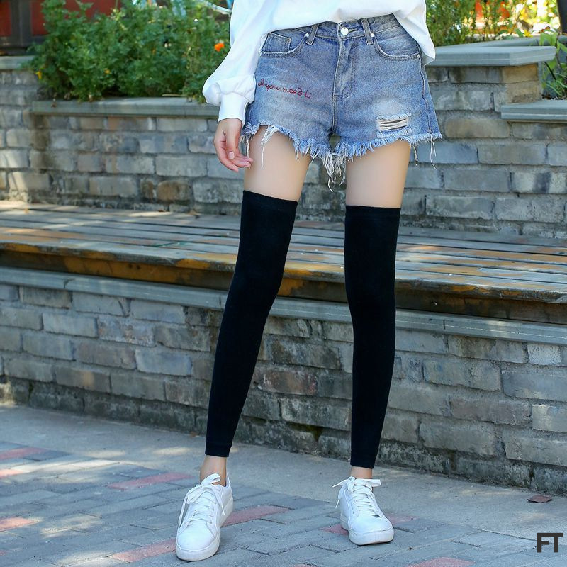 长筒袜套女瑜伽袜跑步运动骑行毛圈保暖袜套条纹护膝保暖老寒腿袜