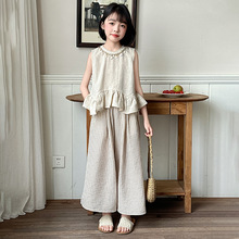 女童夏季休闲阔腿裤套装2025年时髦小女孩水洗棉麻夏装两件套