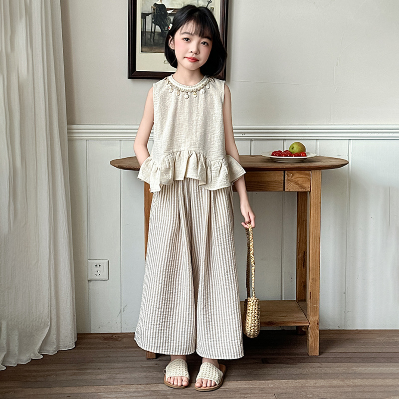 女童夏季休闲阔腿裤套装2025年时髦小女孩水洗棉麻夏装两件套