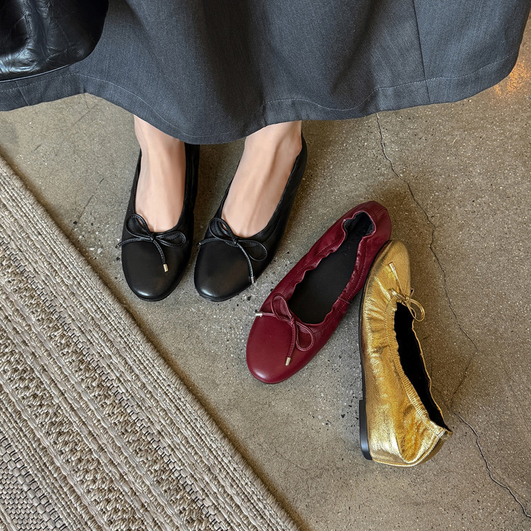Women's gold-colored height-increasing flat shoes, new autumn and winter model, genuine leather, round toe, bowknot, low-cut shallow single shoes Women's gold-colored height-increasing flat shoes, new autumn and winter model, genuine leather, round toe, bowknot, low-cut shallow single shoes