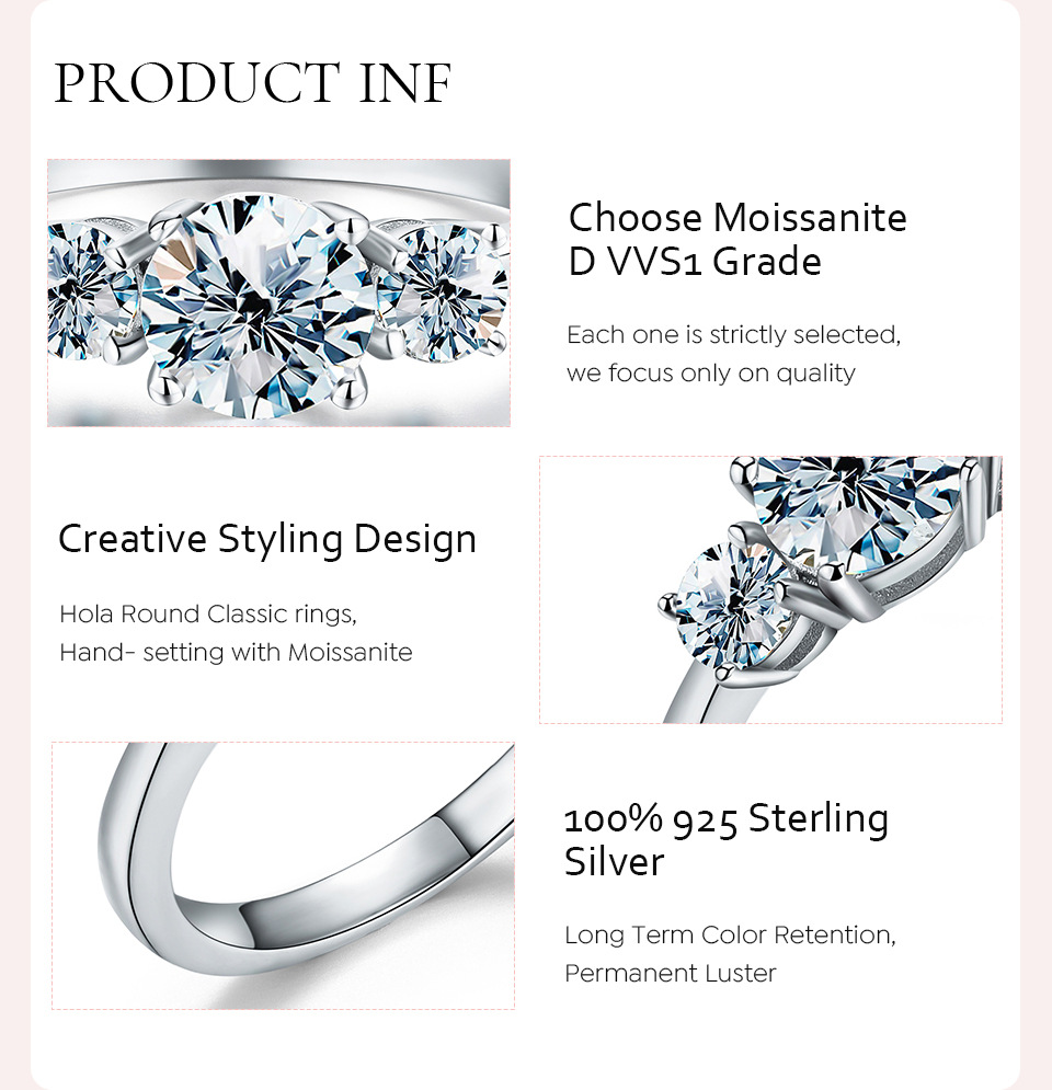 Rings Classification 6, 7, 8 Ring Size 925 Sterling Silver Moissanite Round Rings