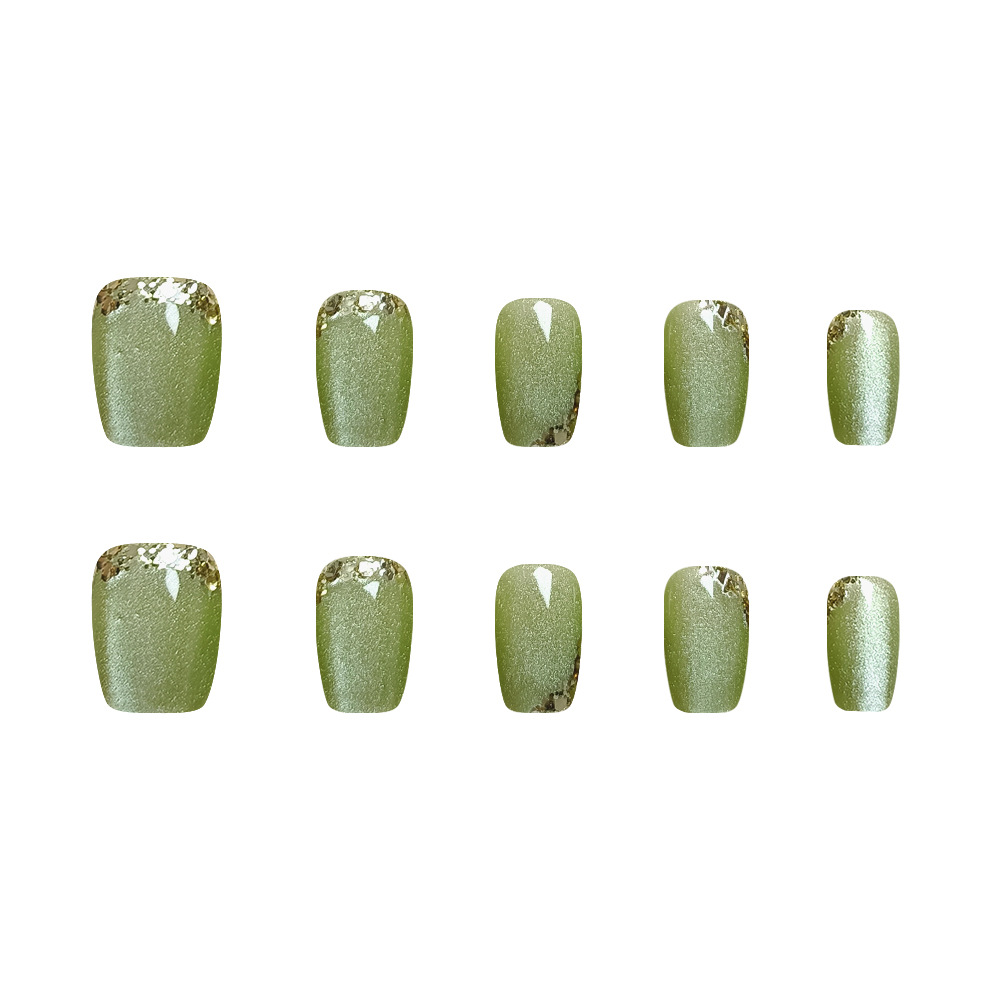 10 piezas de parche de arte de uñas simple con lentejuelas doradas, armadura de vestir, lindas uñas de ojo de gato cortas hechas a mano verde esmeralda