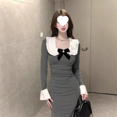 【配蝴蝶结】新款韩系娃娃领长袖修身连衣裙女显瘦包臀鱼尾长裙