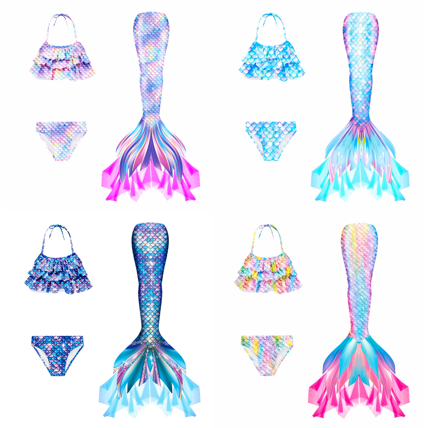 Ghnatygren Cross-Border Mermaid Mesh Three-Piece Swimsuit Kidsren's Bikini Vacation Beach Kidsren's Swimsuit