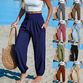 2026跨境亚马逊新款宽松沙滩休闲裤束脚裤欧美女装纯色松紧腰长裤