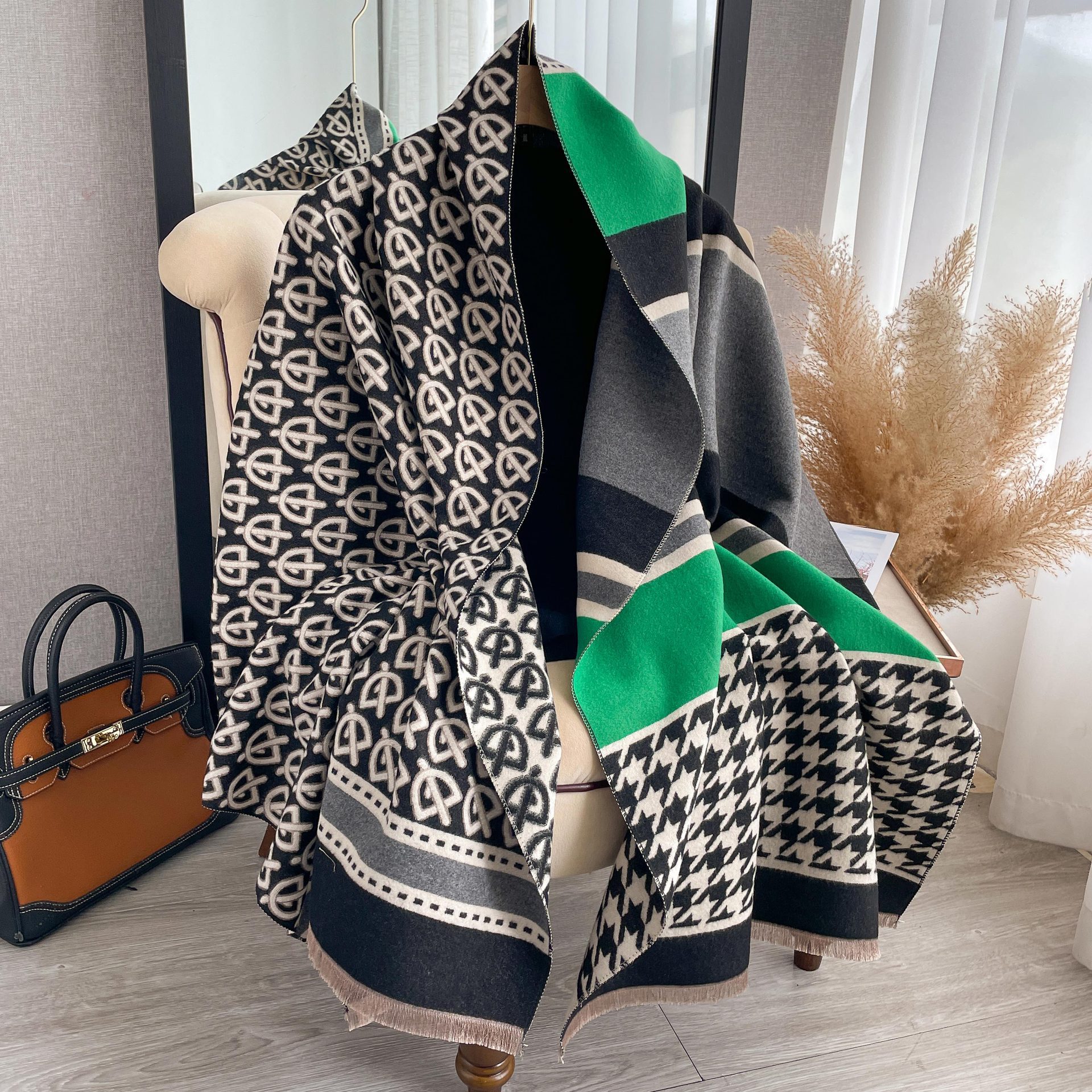 Dames sjaal met hanenpootpatroon van imitatie kasjmier_voghion.com