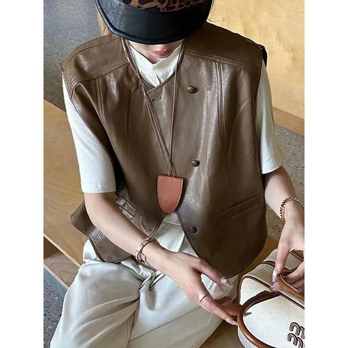 Unstructured Maternity Women's 2025 Autumn Korean Style Short Sleeveless Backless Casual Leather Maternity Jacket Outerwear Top