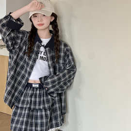 女童春季套装2026新款韩版中大童纯棉学院风格子衬衫百褶裙两件套
