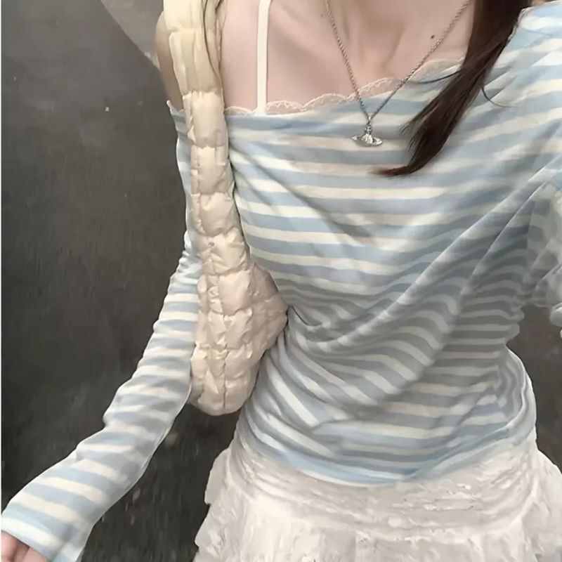 New Style Pure Desire Style Blue and White Contrast Striped One-Shoulder T-Shirt, Summer New Lazy Style Versatile and Beautiful Cover-Up Top New Style Pure Desire Style Blue and White Contrast Striped One-Shoulder T-Shirt, Summer New Lazy Style Versatile and Beautiful Cover-Up Top
