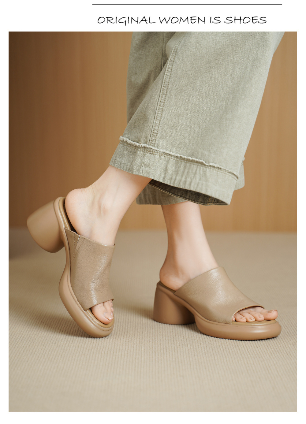 Sandal cao gót nữ hở mũi da dê gót thô 7 cm đế dày — màu trắng ngà chi tiết 10