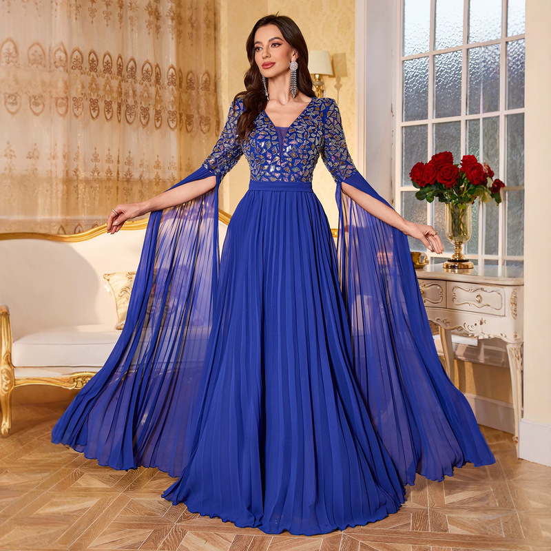 New Style Women's V-Neck Ultra-Long Flutter Sleeve Luxury Sequin Embroidered Large Hem Elegant Evening Gown Dress