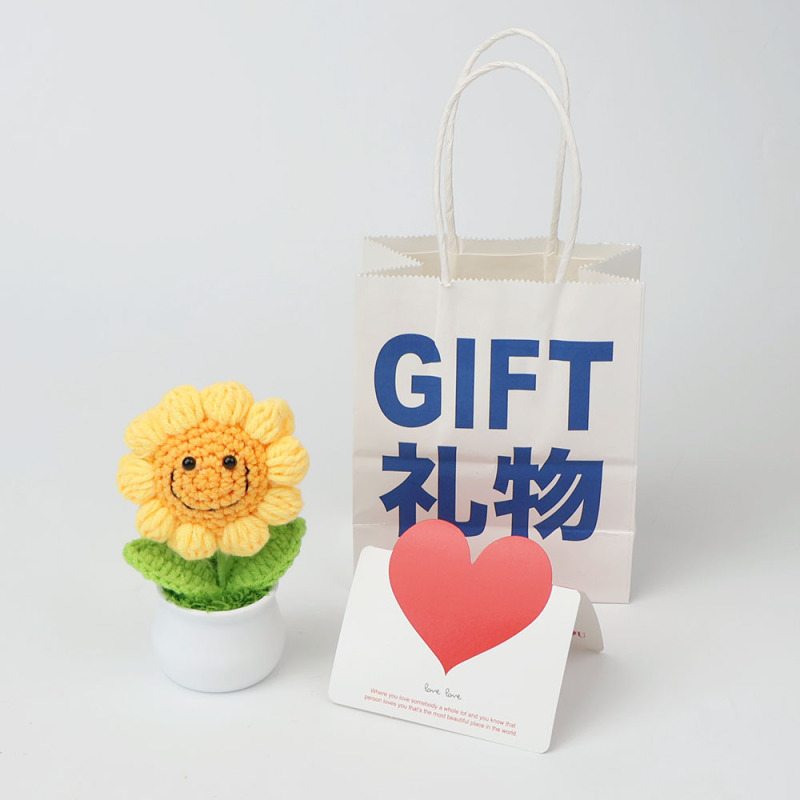 成品手工跨境针织毛线向日葵盆栽铃兰勿忘我仿真花摆件教师节礼物|undefined