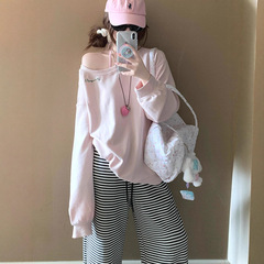 美式潮牌斜领露肩无帽卫衣女春秋oversize薄款外套chic慵懒上衣