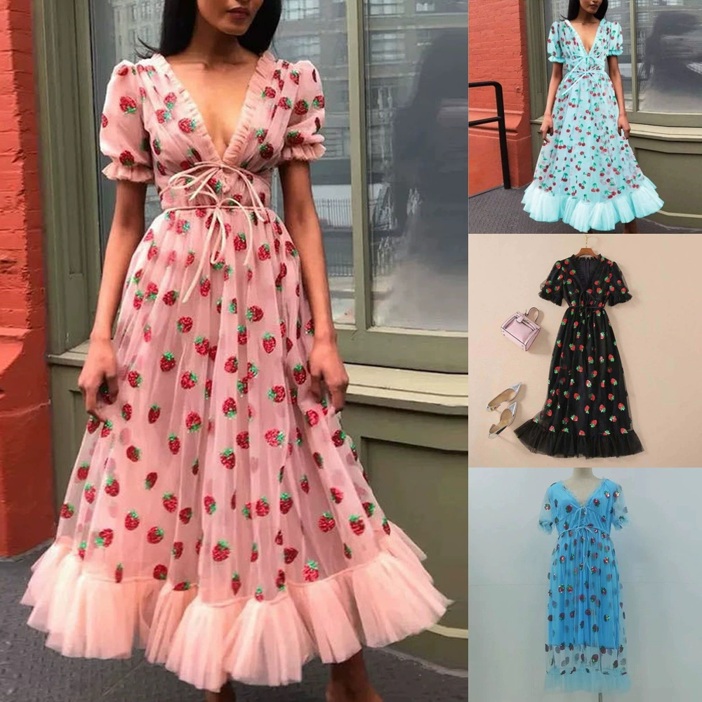 Платье трансграничное французское клубничное четырехцветное блестящее сладкое длинное платье сетчатый ремешок модное платье
