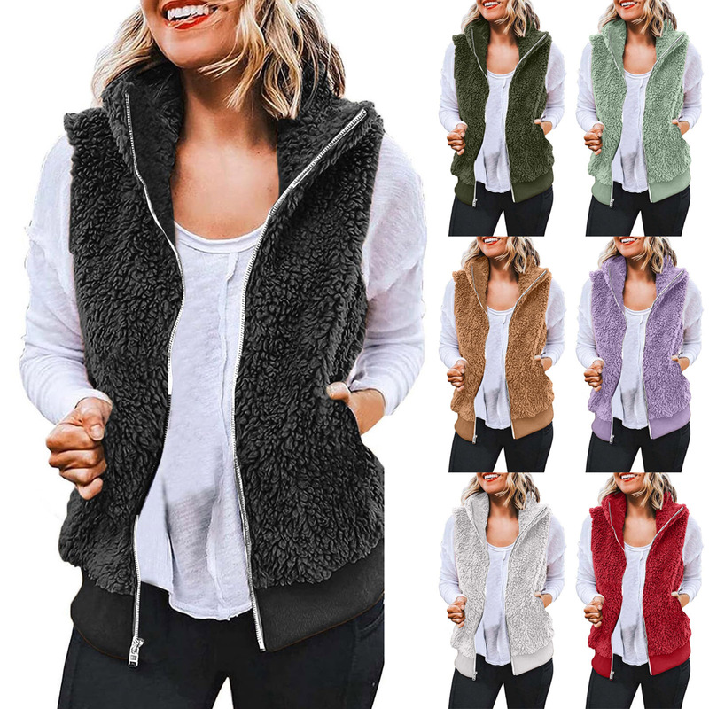 Cross-border Women's Vest 2023 New Plush Collar Sleeveless Zipper Light Vest Comfortable Women's Coat with Pocket