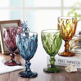 彩色浮雕玻璃复古红酒杯家用耐热加厚钻石原色高脚杯ins四只装