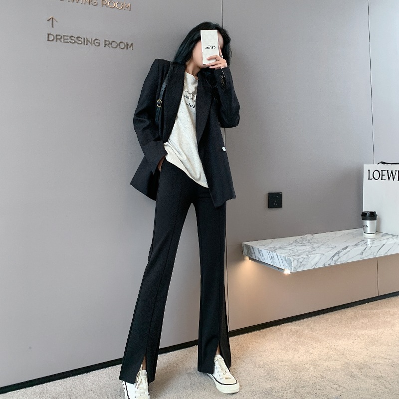 金韩垂感锦棉喇叭裤 大码显瘦高腰黑色休闲裤 小个子拖地开叉包邮