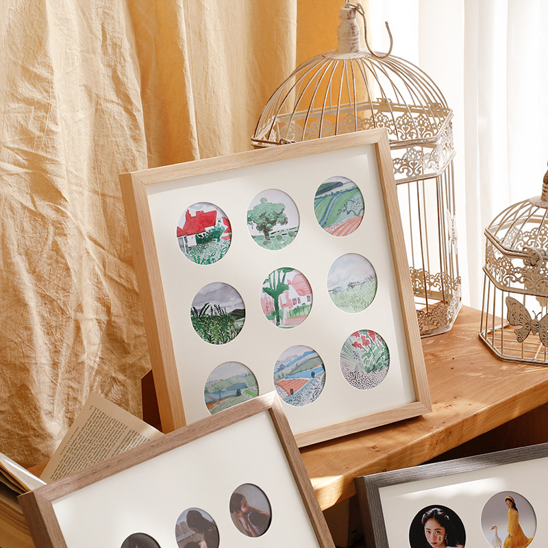九宫格洗照片做成相框挂墙圆形卡纸diy创意纪念写真实木画框