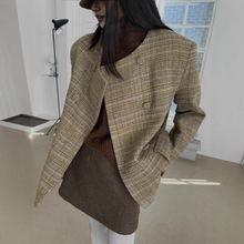 韩国东大门ins秋冬新款法式复古气质格纹双排扣短款毛呢西装外套