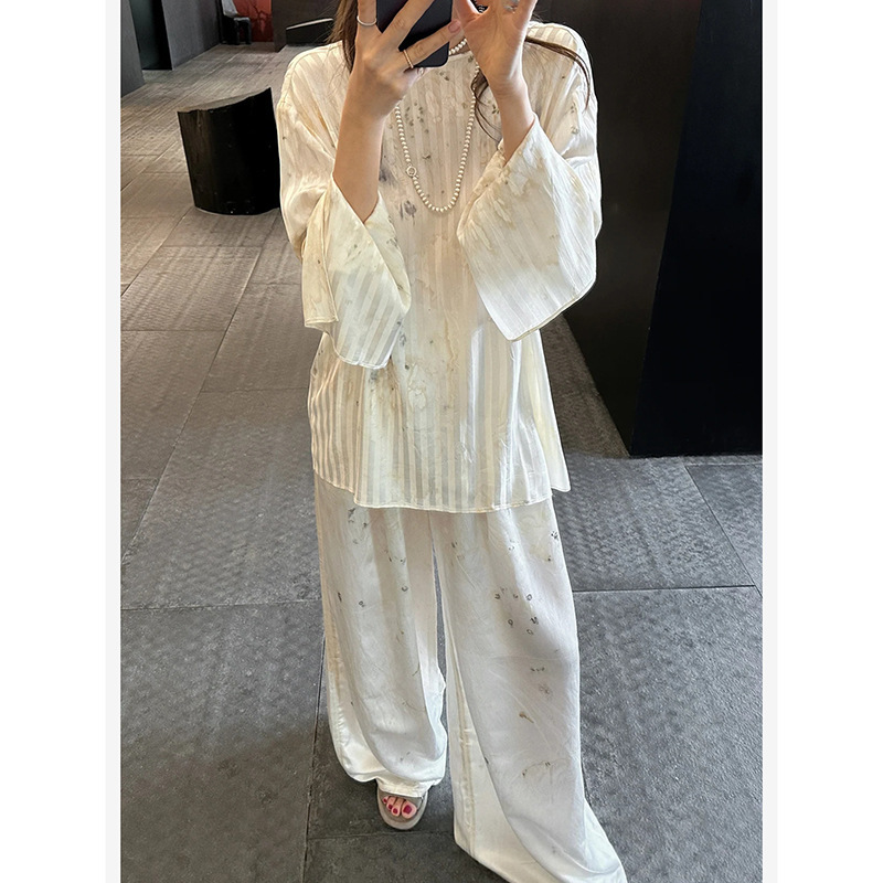 in stock Casual Style Single-breasted Split Sleeve Multi-wear Striped Shirt Loose Waist Slim Look Plant-dyed Wide-leg Pants Long suit