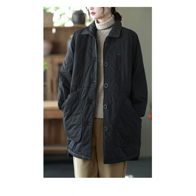Demi-season long quilted down jacket with diamond pattern, mid-length