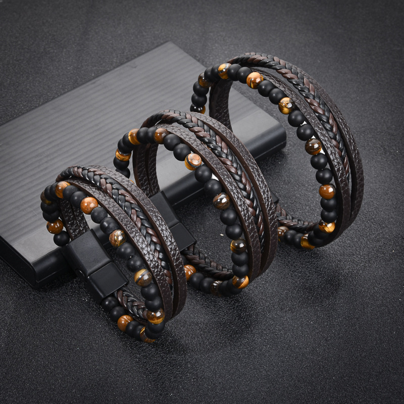 Customized Jewelry with Pictures, Stone Beads, Leather Magnetic Buckle, Handmade Woven Tiger Eye Obsidian Bracelet Factory Customized Jewelry with Pictures, Stone Beads, Leather Magnetic Buckle, Handmade Woven Tiger Eye Obsidian Bracelet Factory