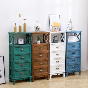 American Style Country Vintage Bucket Cabinet Solid Wood Living Room Cabinet European Style Pastoral Locker Bedroom Bedside Combination Storage Cabinet