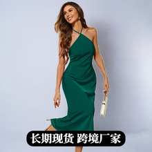 外贸爆款女装秋缎面连衣裙2025秋季全新色丁性感晚礼服长裙子批发